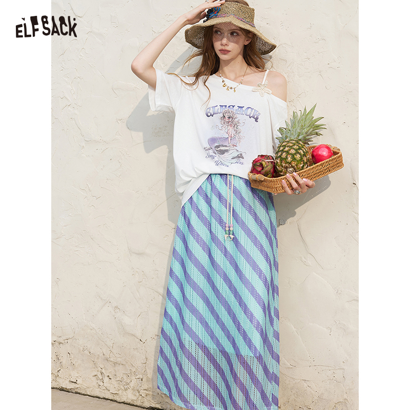 Tee Graphic Print - ELFSACK Damen-Set mit schulterfreiem weißem T-Shirt