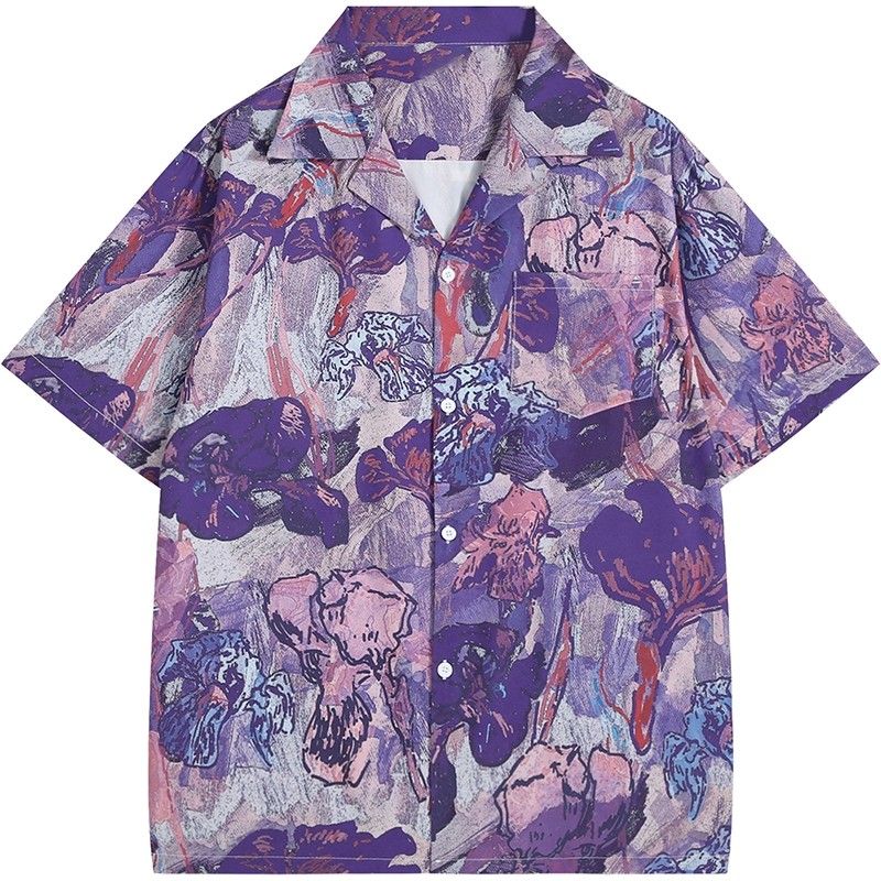 Resort Shirt Floral - Vintage Lila Ölgemälde Iris Blumen Abstrakt