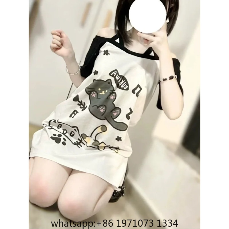 Tee Graphic Print - Japanische Patchwork Damen Off-Shoulder Grafik T-Shirts