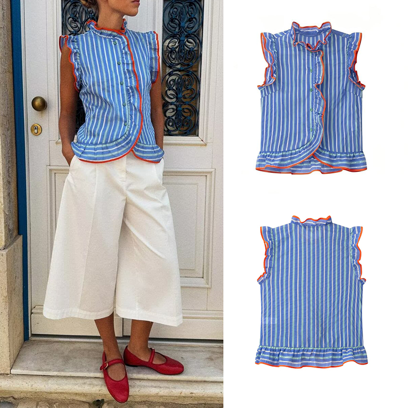 Shirt Camp Collar - Blaues, vertikal gestreiftes, ärmelloses Damenhemd mit