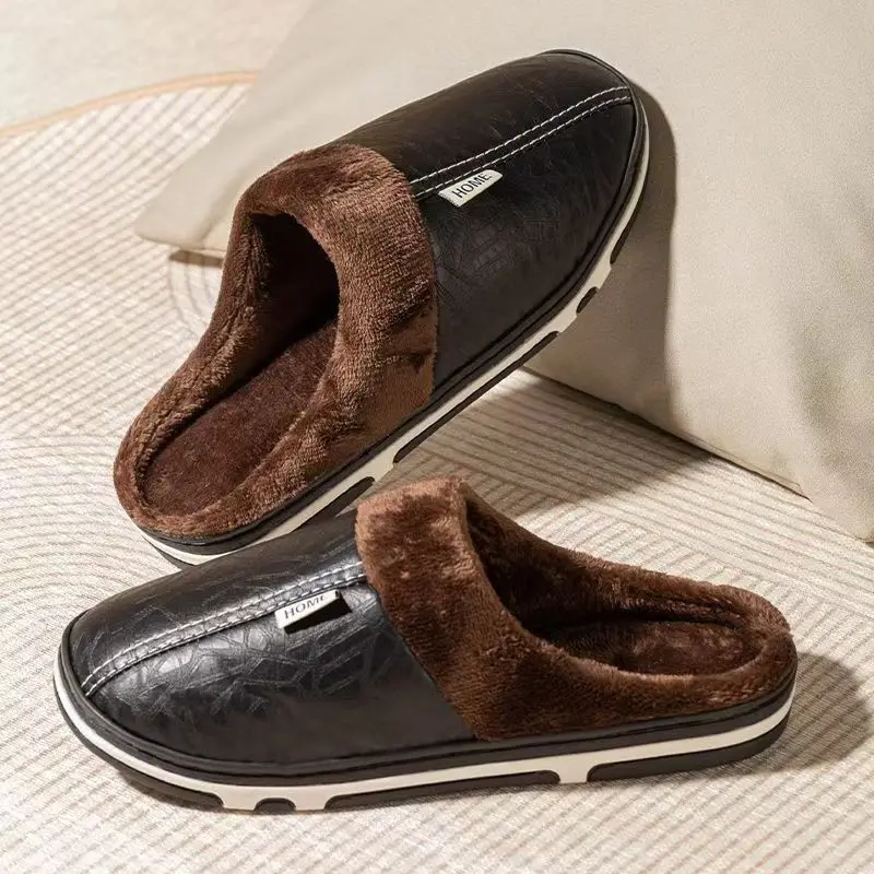 Flip Flop Leather Men - Herren-Winterhausschuhe in Übergröße, PU-Leder, Wasserdicht, Flauschig,