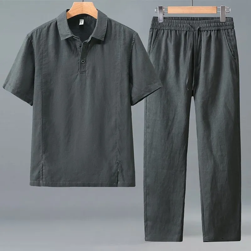 Short Linen Drawstring - Herren Übergrößen Sommer Leinen Zweiteiler Set