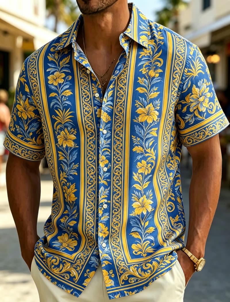 Resort Shirt Floral - Herren Kurzarmhemd mit Revers, Vintage-Barock-Blumenmuster, gestreifter