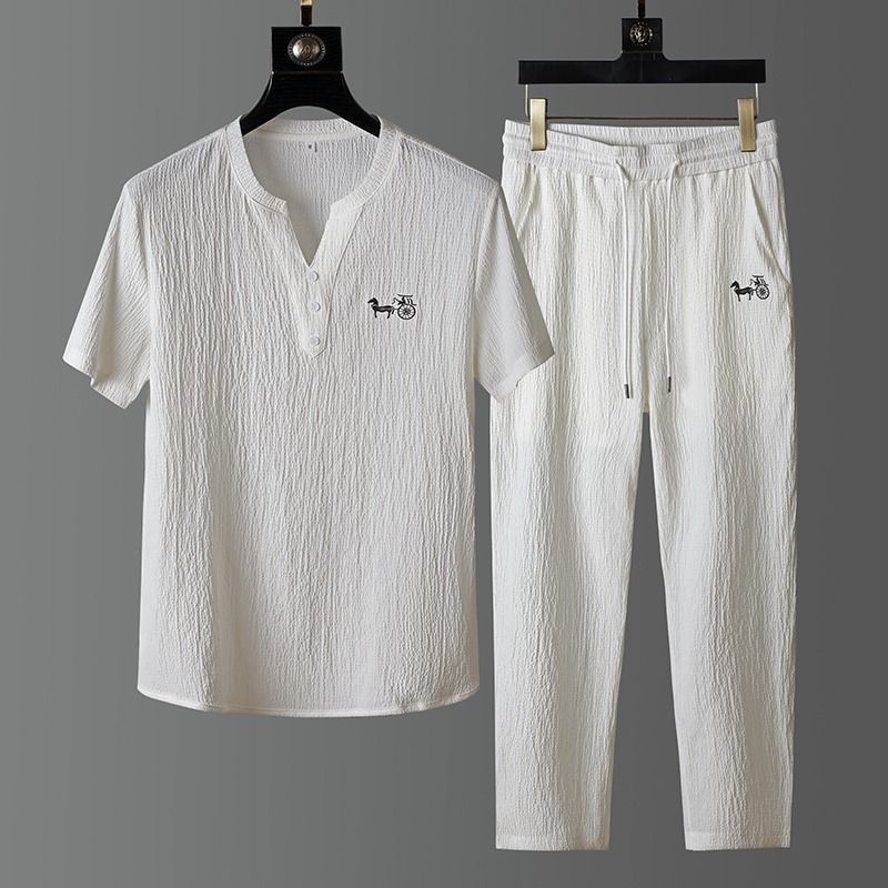 Short Linen Drawstring - Neues Sommer-Mode-Trendset: Leinen-Kurzarm-T-Shirt und Hose für